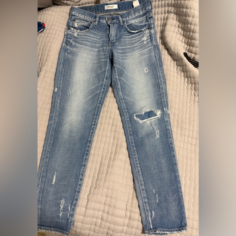 Moussy Light Blue Distressed Straight Leg Jeans